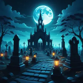 Hyper Detailed illustration of an eerie dystopian graveyard at night, 8k, Gothic and Fantasy, Horror, Epic, Sharp Focus, Deviantart by Alena Aenami, Studio Ghibli