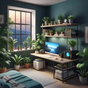 Nostalgic bedroom with a gaming pc, windows, plants bookshelves, desk, 3d art, muted colors, perfect lighting, night time, Highly Detailed, Behance, Isometric, 3D Rendering, Concept Art by WLOP