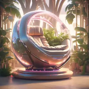 Futuristic sci-fi pod chair, Flat Design, Product-View, transparent orb, product photography, plants, natural wooden environment, 8k, Sci-Fi, Natural Light