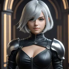 Alluring matte half body portrait of a beautiful 2B from Nier Automata wearing tight black leather, 8k, Highly Detailed, Intricate, Realistic, Sharp Focus, Volumetric Lighting, Fantasy, Elegant by Stanley Artgerm Lau, WLOP