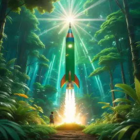 Studio ghibli, rocket explosion, jungle, solar, green technology, optimist future, 8k, Bokeh effect, Cinematic Lighting, Iridescence, Vibrant by Greg Rutkowski, WLOP