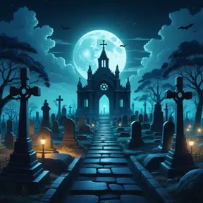 Hyper Detailed illustration of an eerie dystopian graveyard at night, 8k, Gothic and Fantasy, Horror, Epic, Sharp Focus, Deviantart by Alena Aenami, Studio Ghibli