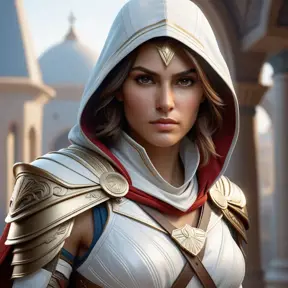 Alluring matte portrait of a fierce looking Kassandra in white Assassin's Creed armor, 8k, Highly Detailed, Intricate, Half Body, Realistic, Sharp Focus, Volumetric Lighting, Fantasy, Elegant by Stanley Artgerm Lau, Alphonse Mucha, WLOP