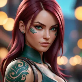 Close up of Katarina with tattoos, 8k, Highly Detailed, Artstation, Bokeh effect, Sharp Focus, Volumetric Lighting, Concept Art by Stanley Artgerm Lau, Greg Rutkowski