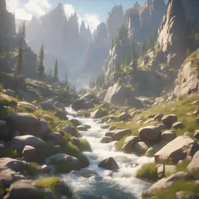 Lake in mountains streams and rivers flow down slopes of mountains and rocks into the valley spring in mountains, 8k, Award-Winning, Highly Detailed, Beautiful, Octane Render, Unreal Engine, Radiant, Volumetric Lighting by Greg Rutkowski