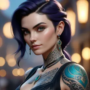 Close up of Morgana with tattoos, 8k, Highly Detailed, Artstation, Bokeh effect, Sharp Focus, Volumetric Lighting, Concept Art by Stanley Artgerm Lau, Greg Rutkowski