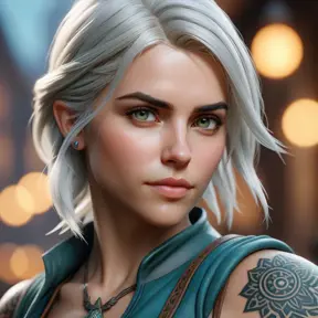Close up of Ciri with tattoos, 8k, Highly Detailed, Artstation, Bokeh effect, Sharp Focus, Volumetric Lighting, Concept Art by Stanley Artgerm Lau, Greg Rutkowski