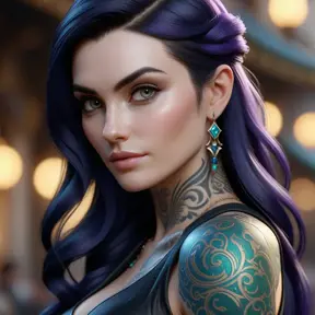 Close up of Morgana with tattoos, 8k, Highly Detailed, Artstation, Bokeh effect, Sharp Focus, Volumetric Lighting, Concept Art by Stanley Artgerm Lau, Greg Rutkowski