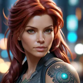 Close up of a red haired Sarah Kerrigan with tattoos, 8k, Highly Detailed, Artstation, Bokeh effect, Sharp Focus, Volumetric Lighting, Concept Art by Stanley Artgerm Lau, Greg Rutkowski