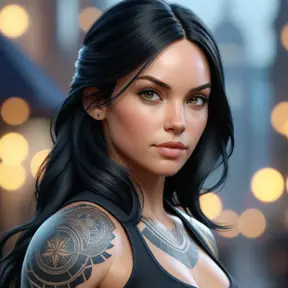 Close up of Laura Kinney with tattoos, 8k, Highly Detailed, Artstation, Bokeh effect, Sharp Focus, Volumetric Lighting, Concept Art by Stanley Artgerm Lau, Greg Rutkowski