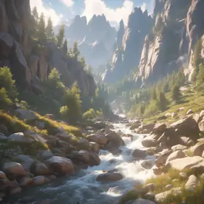 Lake in mountains streams and rivers flow down slopes of mountains and rocks into the valley spring in mountains, 8k, Award-Winning, Highly Detailed, Beautiful, Octane Render, Unreal Engine, Radiant, Volumetric Lighting by Greg Rutkowski