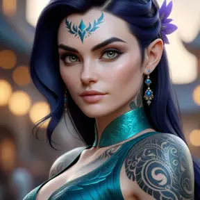 Close up of Morgana with tattoos, 8k, Highly Detailed, Artstation, Bokeh effect, Sharp Focus, Volumetric Lighting, Concept Art by Stanley Artgerm Lau, Greg Rutkowski