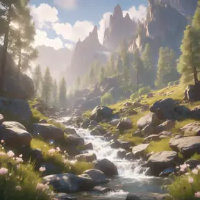 Lake in mountains streams and rivers flow down slopes of mountains and rocks into the valley spring in mountains, 8k, Award-Winning, Highly Detailed, Beautiful, Octane Render, Unreal Engine, Radiant, Volumetric Lighting by Greg Rutkowski