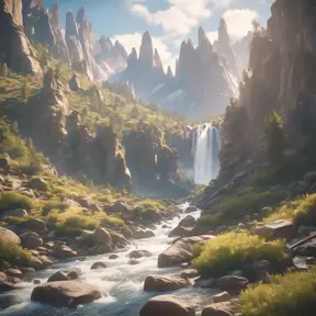 Lake in mountains streams and rivers flow down slopes of mountains and rocks into the valley spring in mountains, 8k, Award-Winning, Highly Detailed, Beautiful, Octane Render, Unreal Engine, Radiant, Volumetric Lighting by Greg Rutkowski