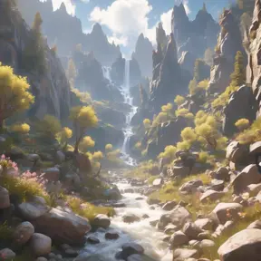 Lake in mountains streams and rivers flow down slopes of mountains and rocks into the valley spring in mountains, 8k, Award-Winning, Highly Detailed, Beautiful, Octane Render, Unreal Engine, Radiant, Volumetric Lighting by Greg Rutkowski