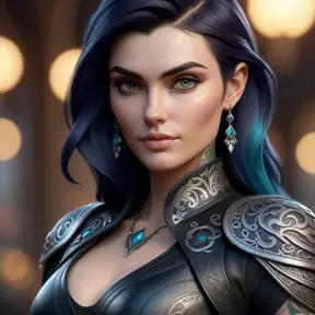 Close up of Morgana with tattoos wearing leather, 8k, Highly Detailed, Alluring, Artstation, Bokeh effect, Sharp Focus, Volumetric Lighting, Concept Art by Stanley Artgerm Lau, Greg Rutkowski
