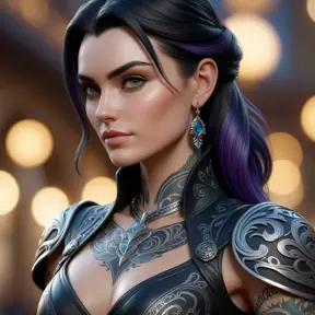 Close up of Morgana with tattoos wearing leather, 8k, Highly Detailed, Alluring, Artstation, Bokeh effect, Sharp Focus, Volumetric Lighting, Concept Art by Stanley Artgerm Lau, Greg Rutkowski