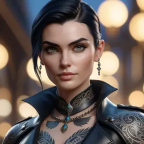 Close up of Morgana with tattoos wearing leather, 8k, Highly Detailed, Alluring, Artstation, Bokeh effect, Sharp Focus, Volumetric Lighting, Concept Art by Stanley Artgerm Lau, Greg Rutkowski