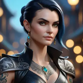 Close up of Morgana with tattoos wearing leather, 8k, Highly Detailed, Alluring, Artstation, Bokeh effect, Sharp Focus, Volumetric Lighting, Concept Art by Stanley Artgerm Lau, Greg Rutkowski