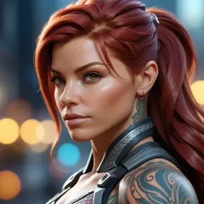 Close up of a red haired Sarah Kerrigan with tattoos, 8k, Highly Detailed, Artstation, Bokeh effect, Sharp Focus, Volumetric Lighting, Concept Art by Stanley Artgerm Lau, Greg Rutkowski