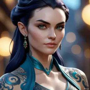 Close up of Morgana with tattoos, 8k, Highly Detailed, Artstation, Bokeh effect, Sharp Focus, Volumetric Lighting, Concept Art by Stanley Artgerm Lau, Greg Rutkowski