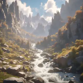 Lake in mountains streams and rivers flow down slopes of mountains and rocks into the valley spring in mountains, 8k, Award-Winning, Highly Detailed, Beautiful, Octane Render, Unreal Engine, Radiant, Volumetric Lighting by Greg Rutkowski