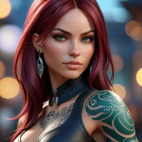 Close up of Katarina with tattoos, 8k, Highly Detailed, Artstation, Bokeh effect, Sharp Focus, Volumetric Lighting, Concept Art by Stanley Artgerm Lau, Greg Rutkowski