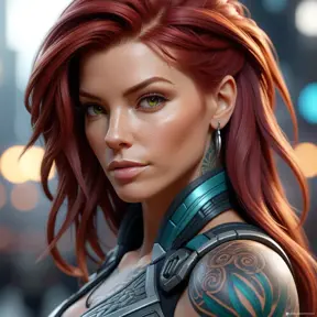 Close up of a red haired Sarah Kerrigan with tattoos, 8k, Highly Detailed, Artstation, Bokeh effect, Sharp Focus, Volumetric Lighting, Concept Art by Stanley Artgerm Lau, Greg Rutkowski