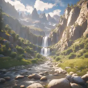 Lake in mountains streams and rivers flow down slopes of mountains and rocks into the valley spring in mountains, 8k, Award-Winning, Highly Detailed, Beautiful, Octane Render, Unreal Engine, Radiant, Volumetric Lighting by Greg Rutkowski