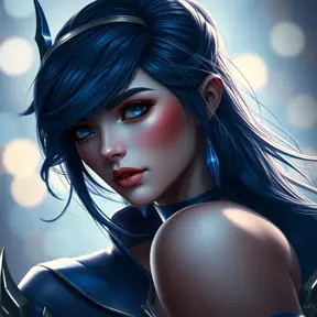 Alluring portrait of a beautiful Vayne from League of Legends in Blue, Highly Detailed, Half Body, Bokeh effect, Photo Realistic by Stefan Kostic