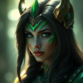 Alluring portrait of a beautiful Sivir from League of Legends in Green, Highly Detailed, Half Body, Bokeh effect, Photo Realistic by Stefan Kostic