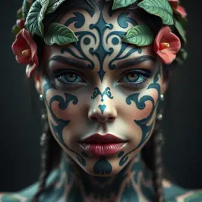 Closeup matte portrait of a tattooed Poison Ivy, symmetrical face, 8k, Highly Detailed, Intricate, Artstation, Sharp Focus, Volumetric Lighting, Concept Art by Stanley Artgerm Lau, Greg Rutkowski