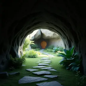 Arc hallway for secret overwatch habitation quarters carved inside a well lit cave surrounding a lush garden, 8k, Trending on Artstation, Minimalism, Unimaginable Beauty, Sharp Focus, 3D Rendering, Unreal Engine, Natural Light, Concept Art, Naturalism