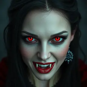 A beautiful romanian vampire woman with penetrating red bright eyes, long fangs, perfect face, 8k, Hyper Detailed, Intricate Details, Masterpiece, Contemporary, Full Body, Trending on Artstation, Gothic, Deviantart, Concept Art by Stefan Kostic