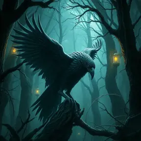 Raven in a haunted forest, Highly Detailed, Intricate, Gothic, Volumetric Lighting, Fantasy, Dark by Stanley Artgerm Lau