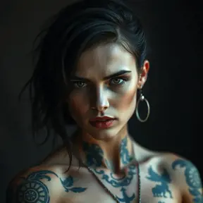 Matte portrait of Morgana with tattoos, Highly Detailed, Alluring, Bokeh effect, Photo Realistic, Sharp Focus, Volumetric Lighting