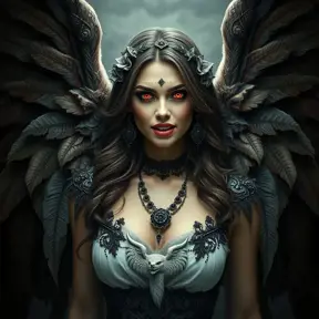 A beautiful winged romanian vampire woman with fangs, red eyes, Intricate Details, Masterpiece, Full Body, Gothic, Photo Realistic, Deviantart, Volumetric Lighting