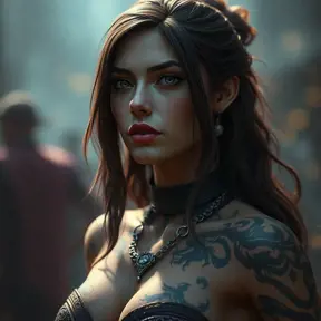 Close up of Morgana with tattoos, 8k, Highly Detailed, Artstation, Bokeh effect, Sharp Focus, Volumetric Lighting, Concept Art by Stanley Artgerm Lau, Greg Rutkowski