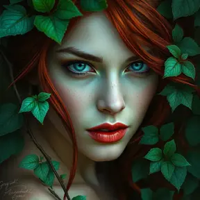 Alluring half body portrait of Poison Ivy in the style of Stefan Kostic, 8k, Highly Detailed, Intricate, Half Body, Matte Painting, Realistic, Sharp Focus, Fantasy by Greg Rutkowski