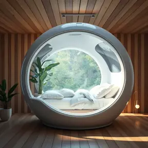 Futuristic sleeping relax pod, transparent orb, plants, natural daytime lighting, natural wooden environment, flat design, product-view, 8k, Futuristic, Sci-Fi, Natural Light