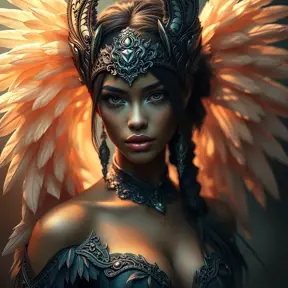 Alluring matte portrait of a beautiful Nidalee wearing feathers, 8k, Highly Detailed, Intricate, Half Body, Realistic, Sharp Focus, Volumetric Lighting, Fantasy, Elegant by Stanley Artgerm Lau, Alphonse Mucha, WLOP