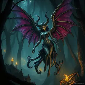 Winged succubus in a haunted forest, Highly Detailed, Intricate, Gothic, Volumetric Lighting, Fantasy, Dark by Stanley Artgerm Lau