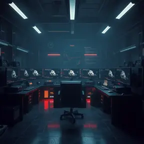 A dark industrial desk from the future with many monitors, Photo Realistic, Volumetric light effect, Octane Render, Unreal Engine, Ambient Occlusion, Maximalism, Industrial by Beeple