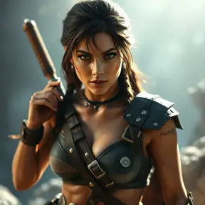 Alluring full body portrait of a beautiful Lara Croft ready for battle, 8k, Highly Detailed, Intricate, Photo Realistic, Sharp Focus, Volumetric Lighting, Fantasy, Elegant