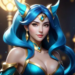 Alluring matte portrait of a beautiful Sona from League of Legends, 8k, Half Body, Realistic, Volumetric Lighting, Fantasy by Stanley Artgerm Lau, WLOP