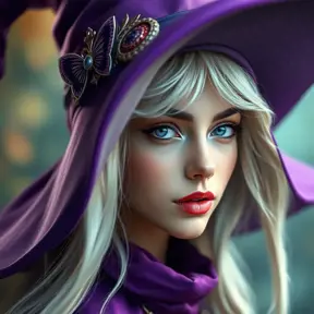 Alluring portrait of a beautiful Kiki the witch with a purple hat, 4k resolution, Highly Detailed, Hyper Detailed, Beautiful, Sharp Focus, Fantasy by Stanley Artgerm Lau