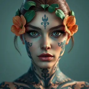 Matte portrait of a tattooed Poison Ivy, symmetrical face, 8k, Highly Detailed, Intricate, Artstation, Sharp Focus, Volumetric Lighting, Concept Art by Stanley Artgerm Lau, Greg Rutkowski