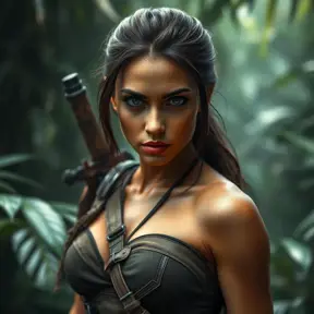 Alluring full body portrait of a beautiful Lara Croft in the jungle getting ready for battle, 8k, Highly Detailed, Intricate, Photo Realistic, Sharp Focus, Volumetric Lighting, Fantasy, Elegant