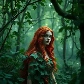 An beautiful red headed Poison Ivy in a magical green forest, Intricate, Half Body, Photo Realistic