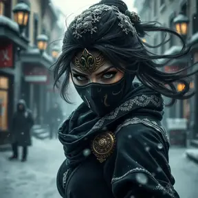 Wallpaper of a mysterious beautiful masked kunoichi ninja wearing eyeliner and gold jewelry in the streets of a dark snowy town in moscow, fluid motion, 8k, Intricate Details, Trending on Artstation, Beautiful, Stunning, Centered by Stanley Artgerm Lau, WLOP